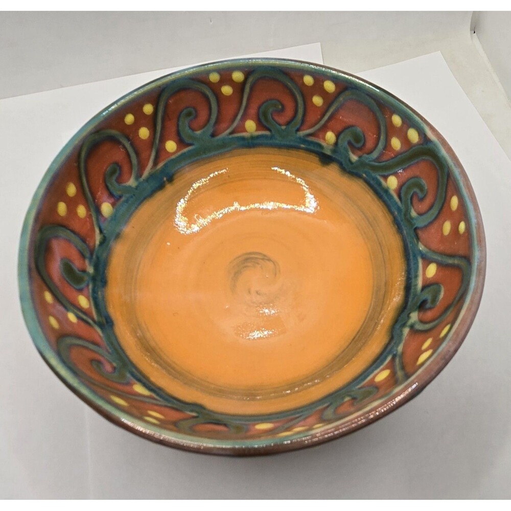 Earthworks Barbados Salad Bowl 6.5" Orange & Turquoise Stoneware Spiral Dot - Picture 13 of 13